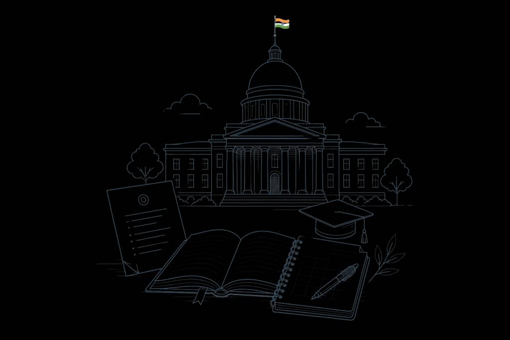 Monochrome line drawing of a government building with a small Indian flag, exam notice, open books and a planner