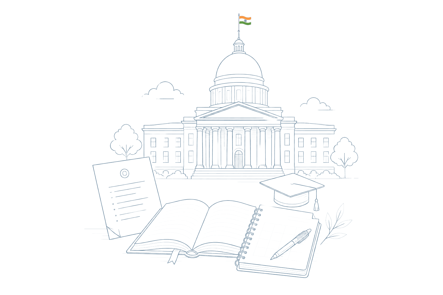Monochrome line drawing of a government building with a small Indian flag, exam notice, open books and a planner