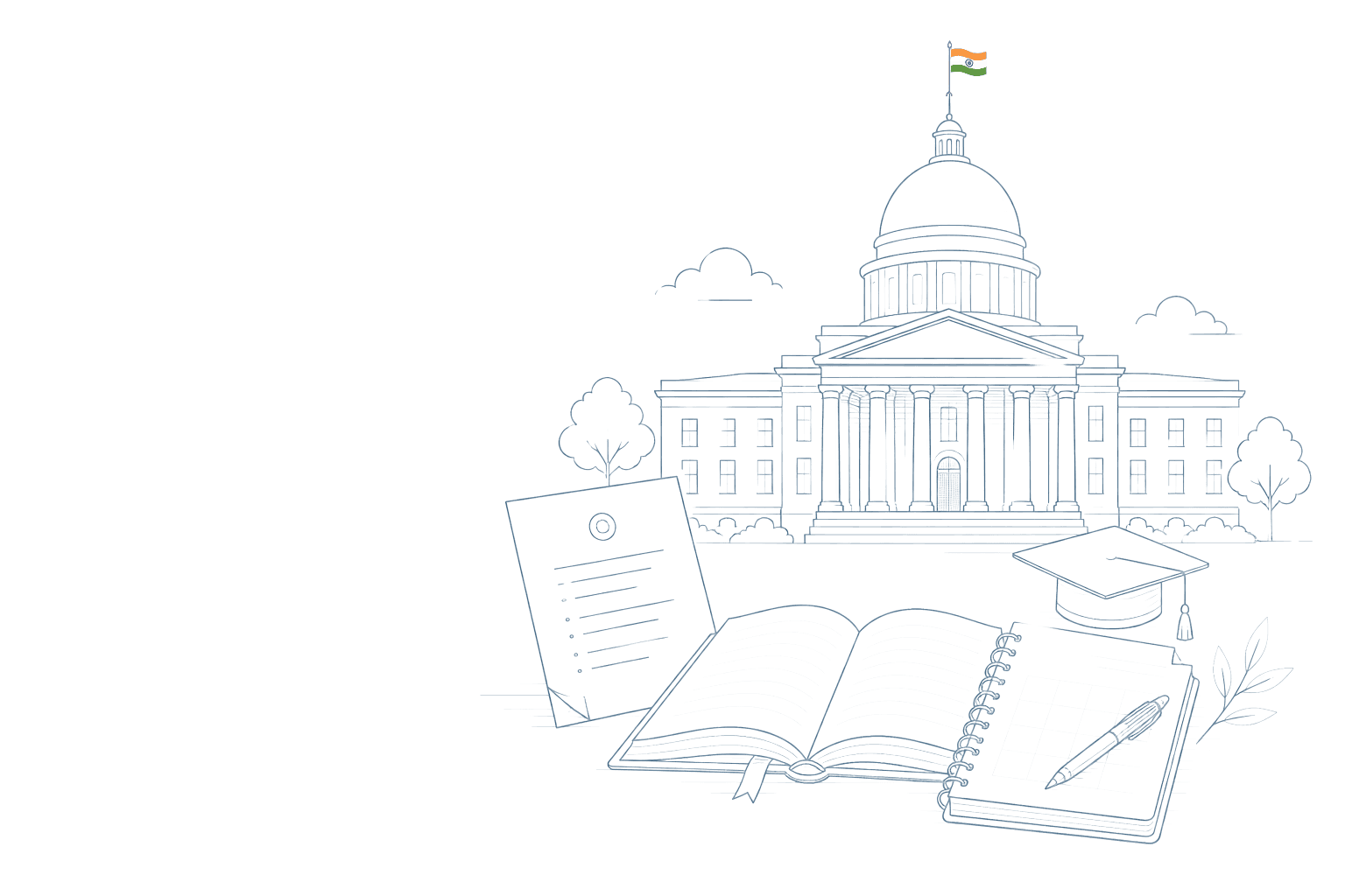 Monochrome line drawing of a government building with a small Indian flag, exam notice, open books and a planner