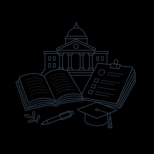 Minimal line drawing of a government building, study books, an exam paper and a graduation cap
