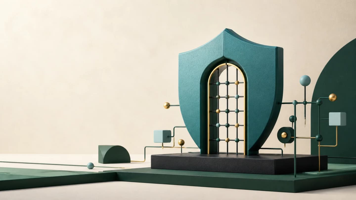 Dimensional teal cybersecurity gateway with connected nodes on a warm off-white background