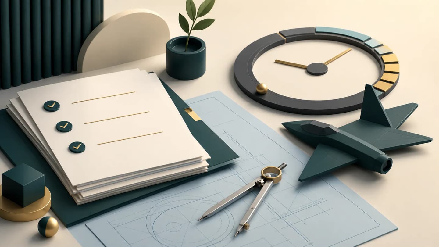 Minimal editorial illustration of blank application papers, a geometric aircraft, engineering blueprint and abstract deadline clock