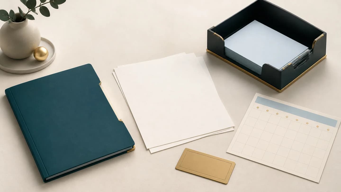 Minimal editorial illustration of a closed recruitment application folder, saved papers, a blank calendar, and an archive tray