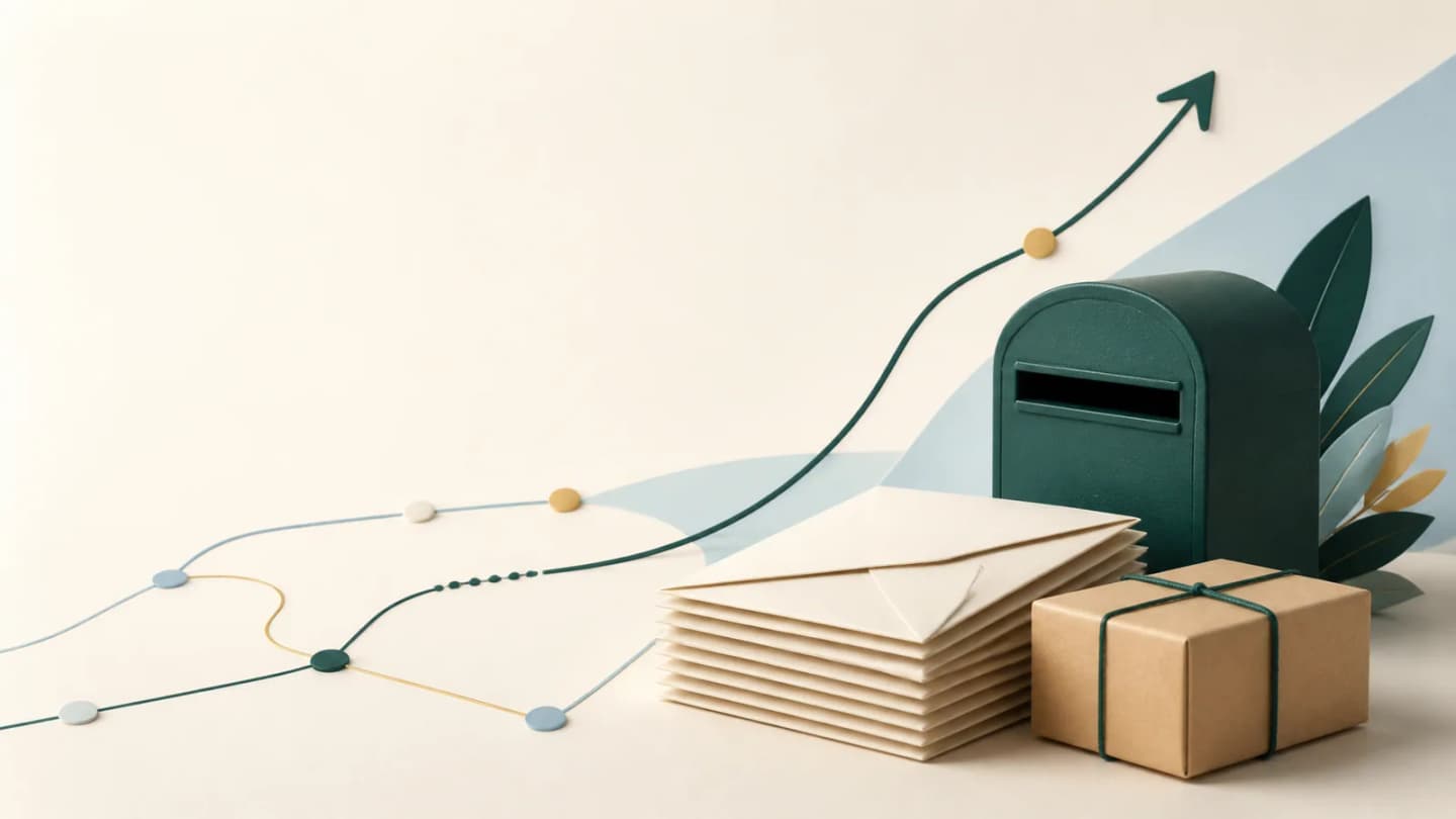 A calm editorial illustration of envelopes and a parcel beside an abstract postal route