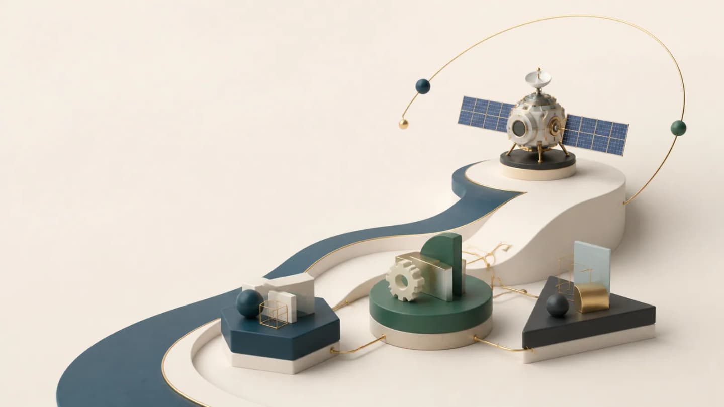 Abstract editorial illustration showing three learning pathways leading toward a small satellite module