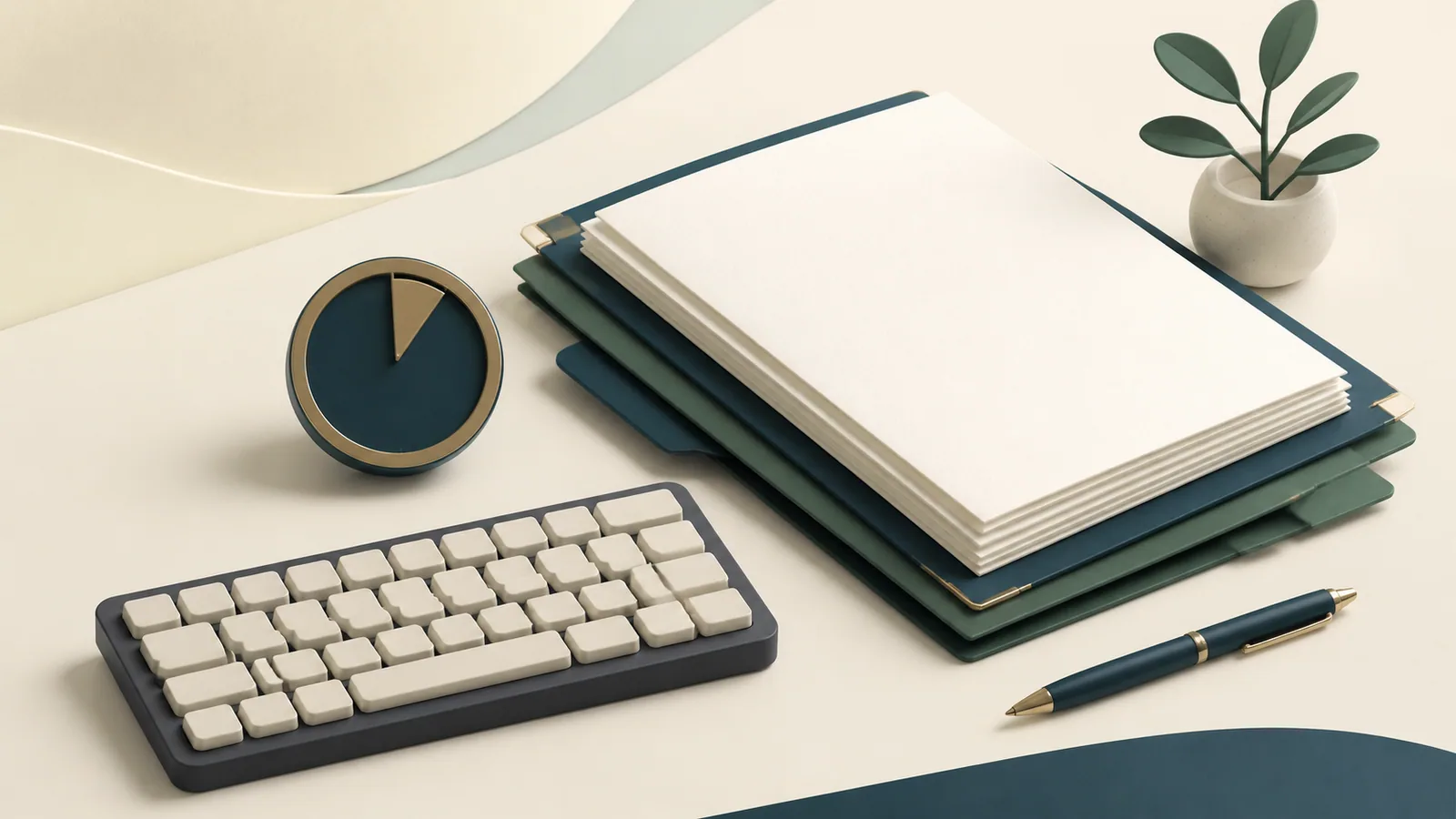 Minimal editorial illustration of organized application papers, a blank keyboard, pen and abstract timer