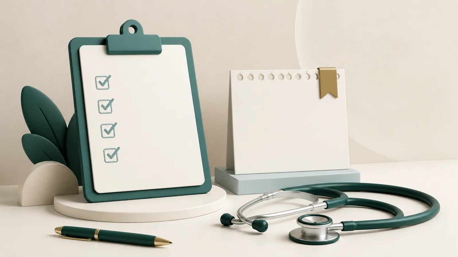 Stylized editorial illustration of a blank application checklist, calendar marker and stethoscope on a warm desk