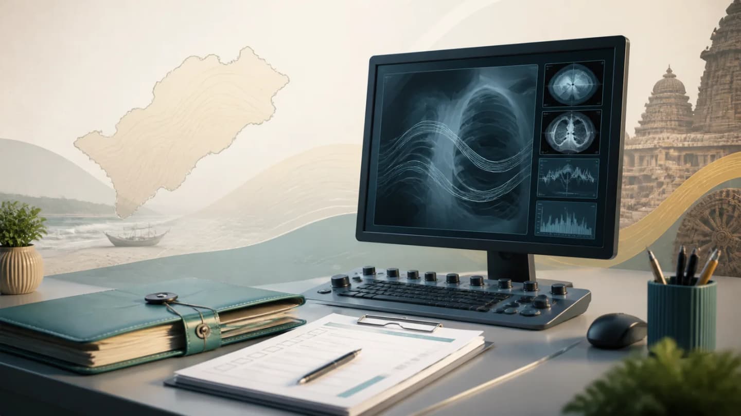 Editorial illustration of a radiography workstation, credential folder and application checklist