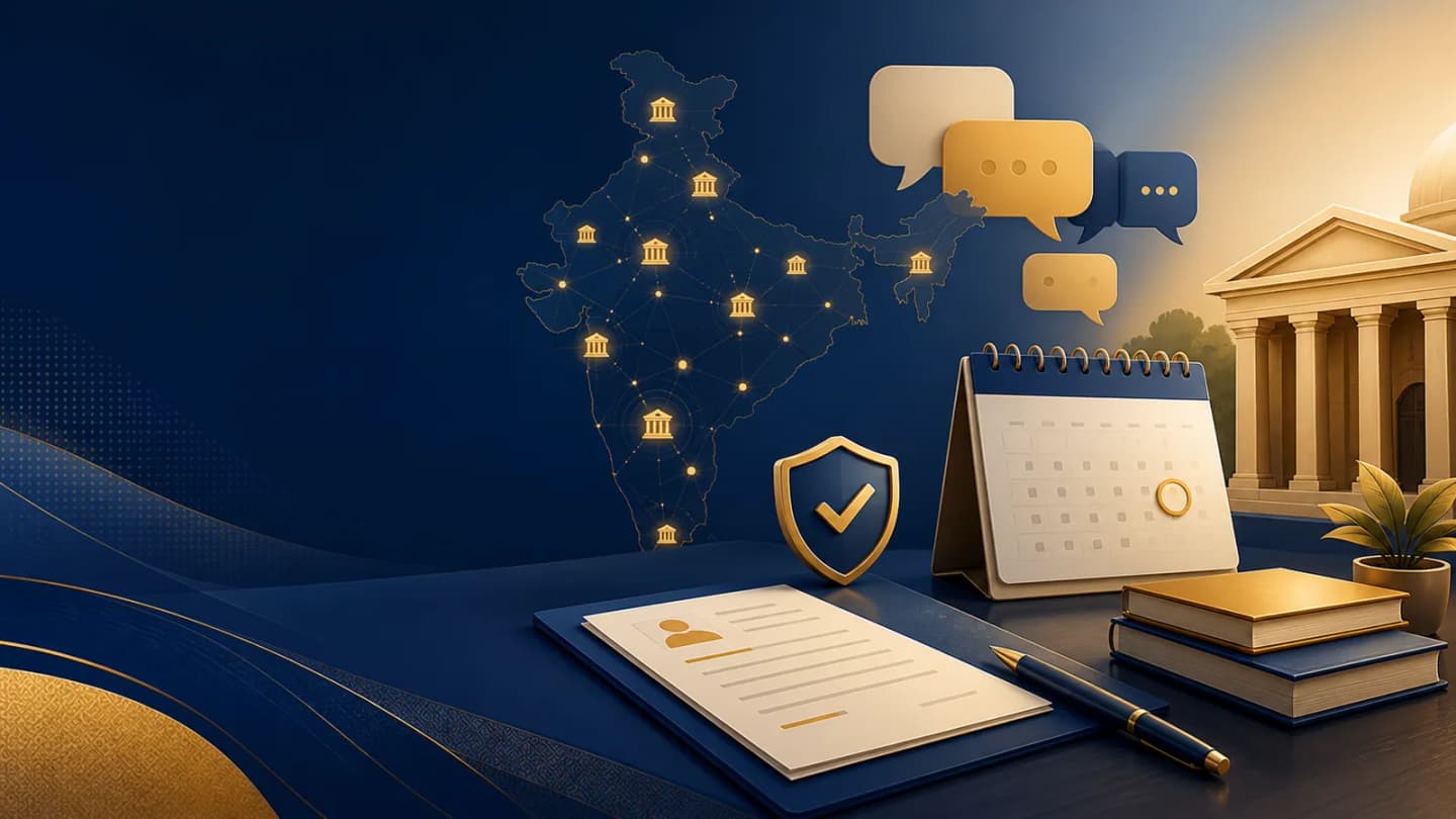 Editorial illustration of a secure bank recruitment application desk with a calendar and an India state network