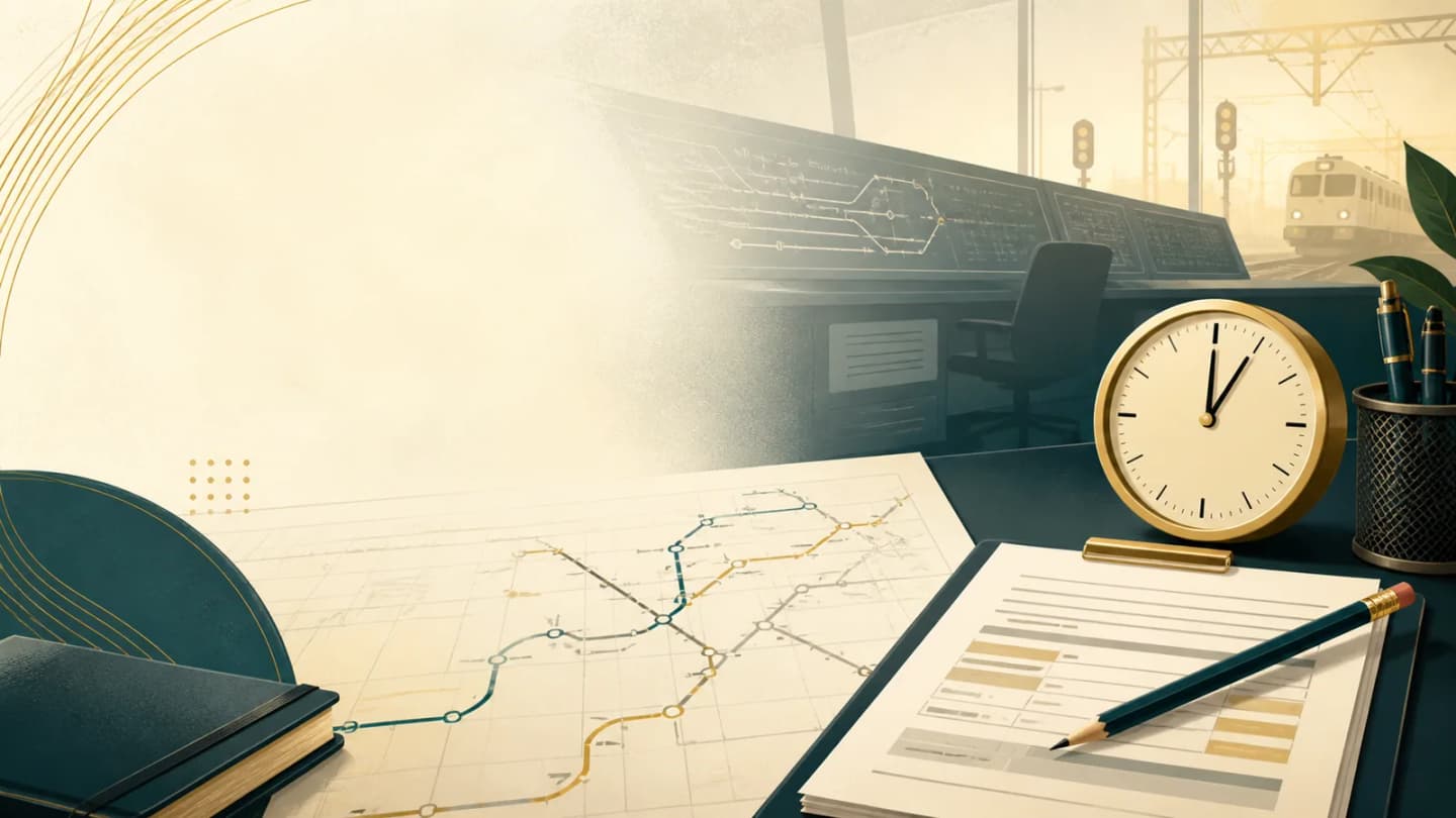 Editorial railway control desk with route map, correction form and deadline clock