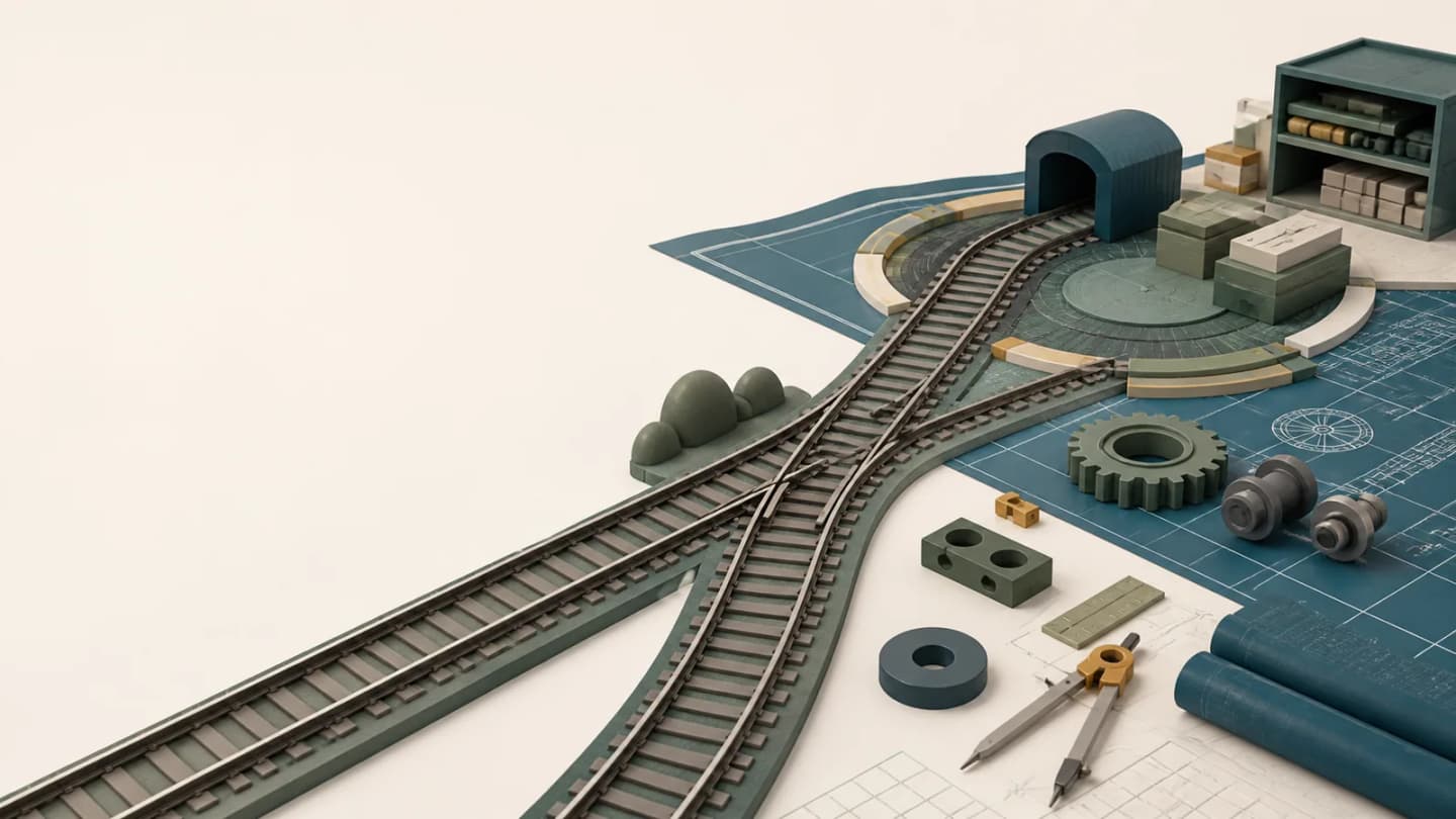 Abstract railway junction flowing across an engineering blueprint with modular technical components