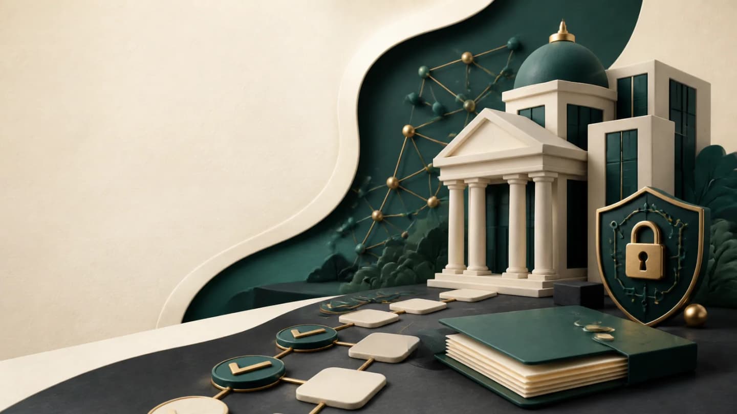 Editorial illustration of a secure bank, technology network and recruitment checklist