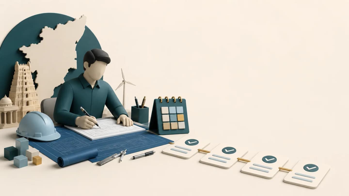 Dimensional editorial illustration of a technical recruitment checklist with an engineering desk, blueprint, tools and abstract checklist cards