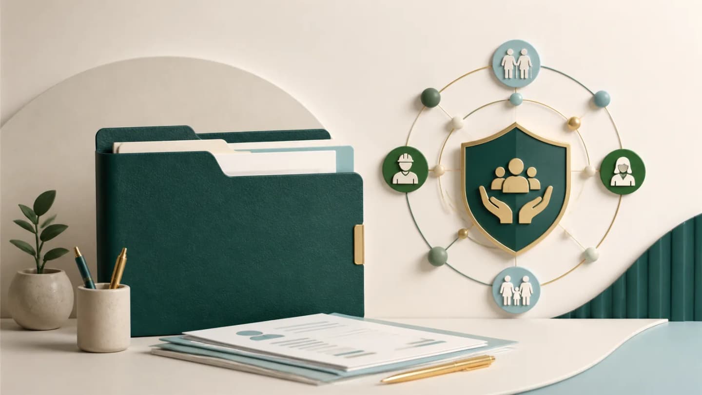 Editorial illustration of a document folder and social-security shield motif for the UPSC EPFO Assistant Provident Fund Commissioner recruitment guide