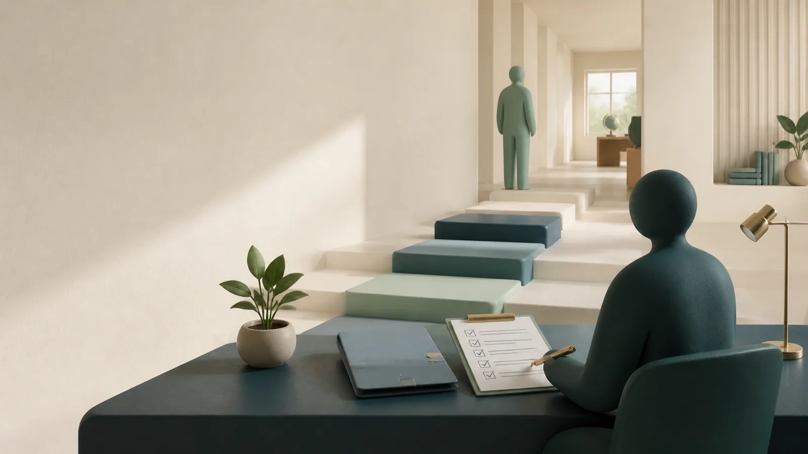 A stylized school leadership application scene with a checklist and geometric steps