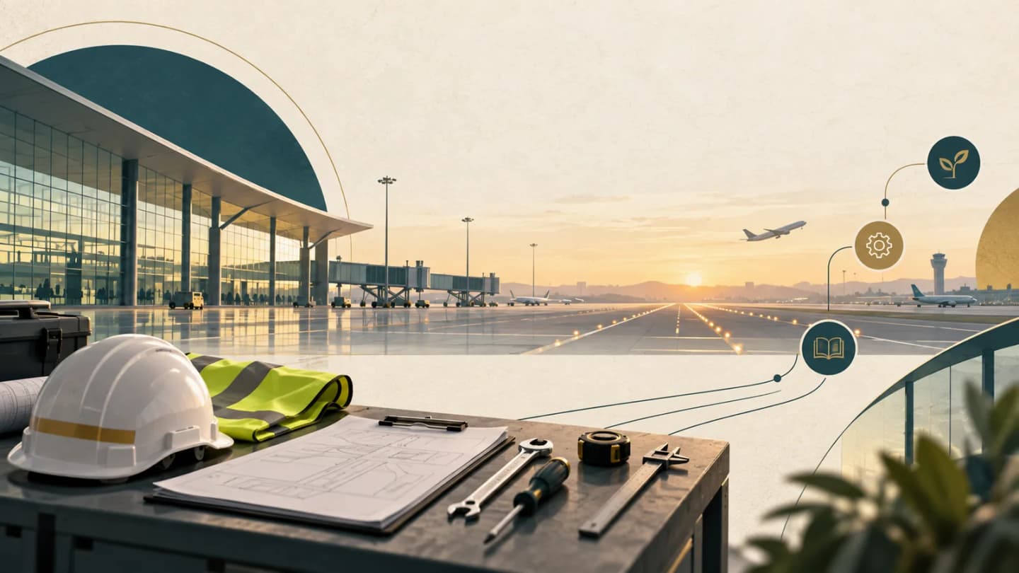 Editorial illustration of an airport runway, terminal and apprentice workbench