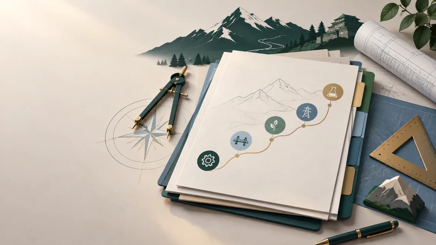 Editorial illustration of a recruitment dossier with drafting tools and mountain contours