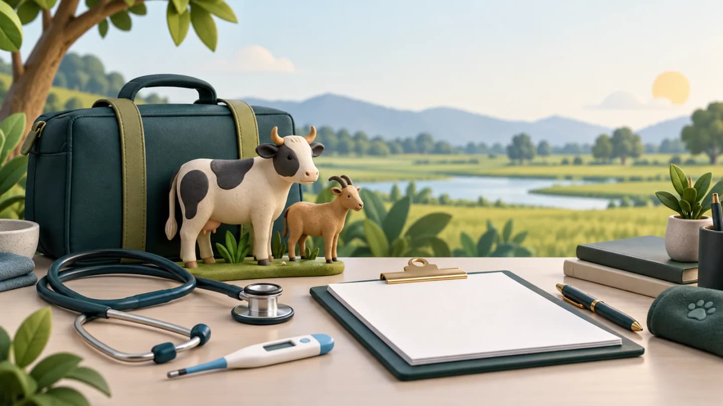 Editorial illustration of a veterinary field kit, stethoscope, blank clipboard and generic livestock-care forms against a calm green landscape