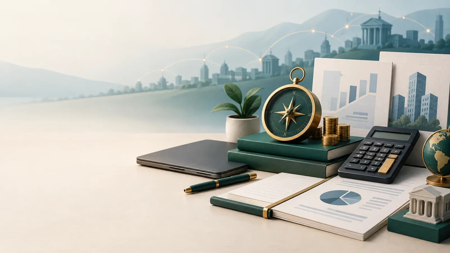 Stylized banking application desk with a financial compass, ledger, calculator and abstract city horizon