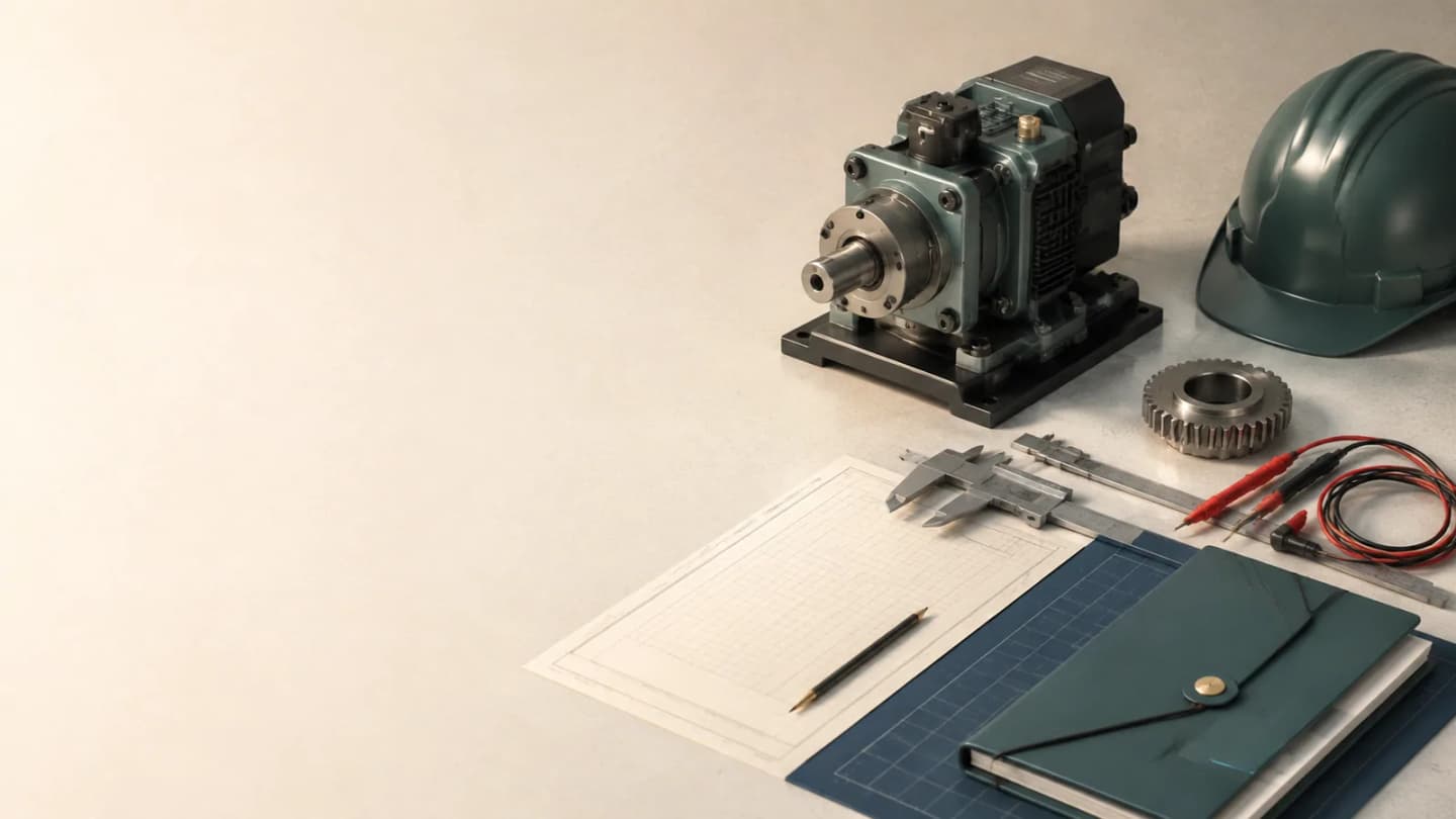 Editorial still life of an unbranded industrial machine component, safety helmet, gear, caliper, electrical leads and application folder on a workshop desk