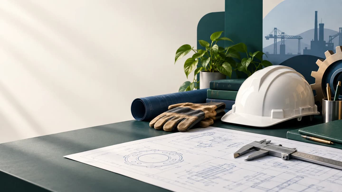 Editorial illustration of a safety helmet, work gloves, industrial blueprint and caliper on an apprenticeship application desk