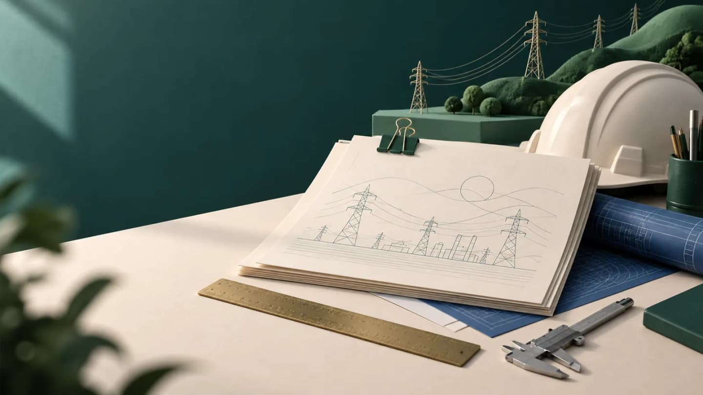 Editorial illustration of a technical recruitment dossier with power-grid lines, engineering tools and a safety helmet