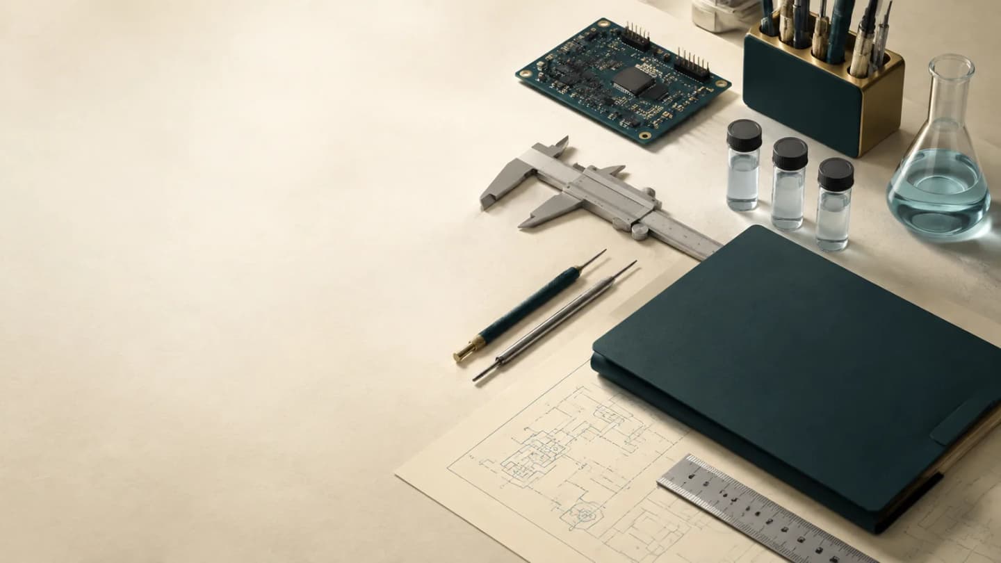 Editorial still life of a technical workshop desk with a circuit board, caliper, sample vials, drafting tools and a plain application folder