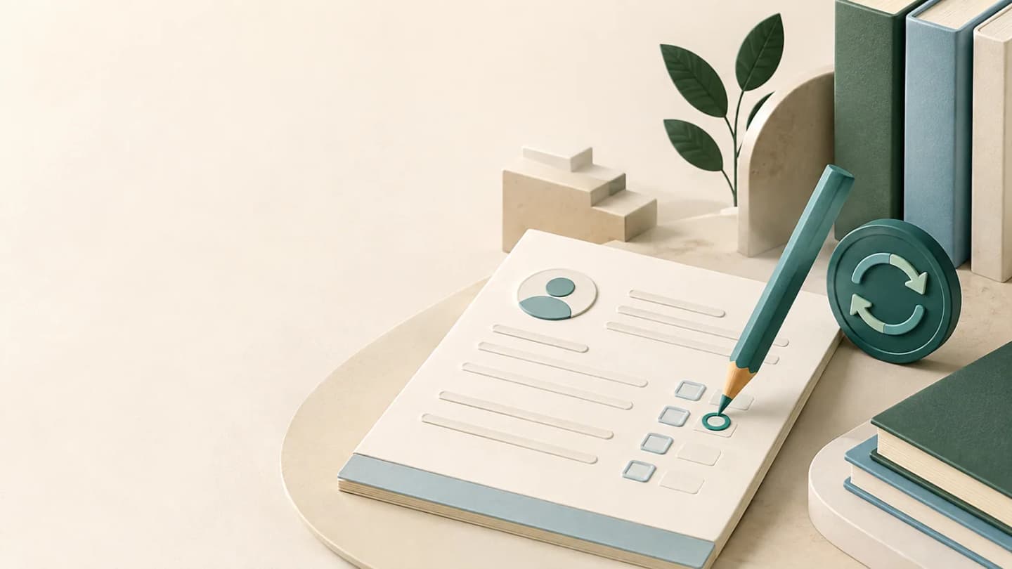 Abstract CTET correction workflow with a teal pencil, checklist, books and circular refresh motif