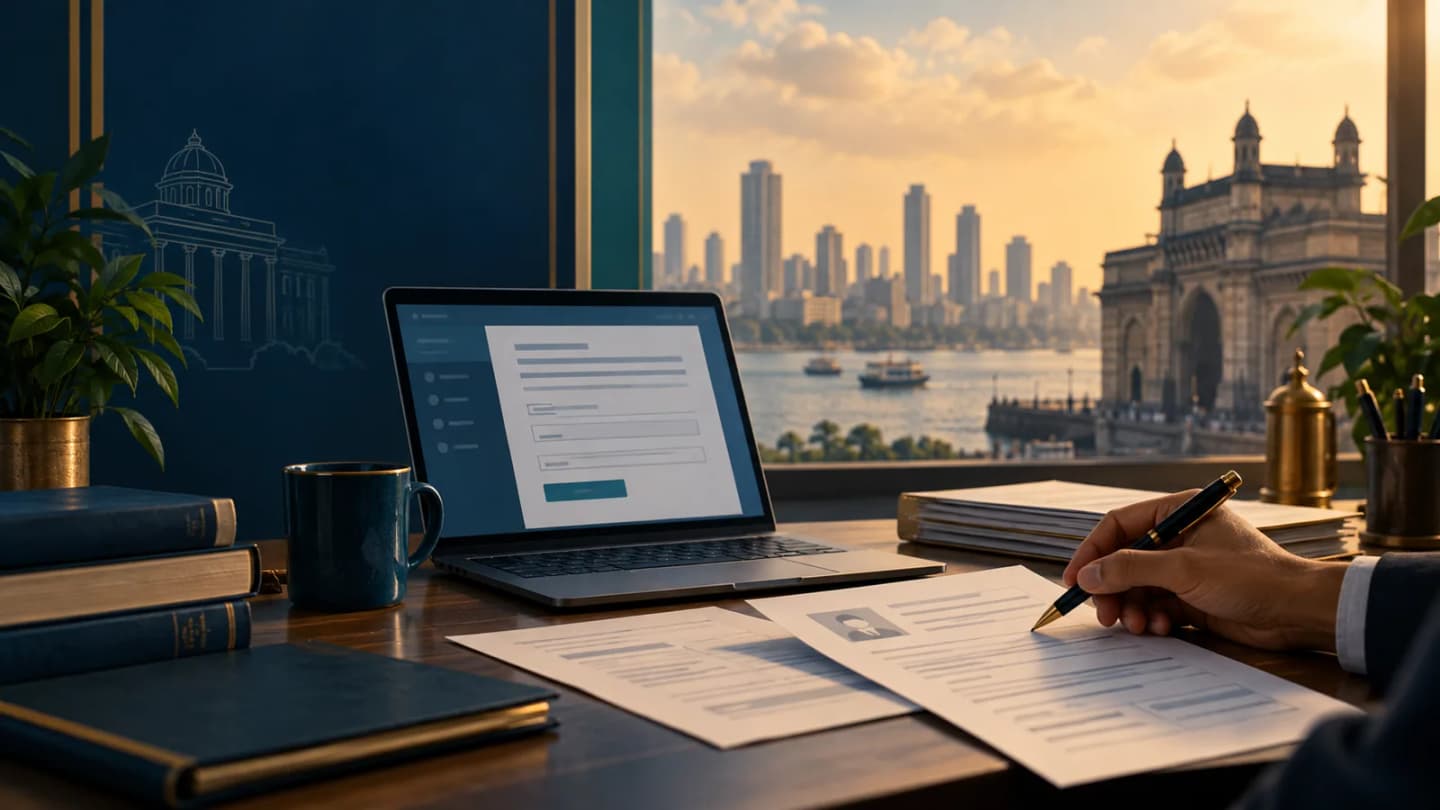 Editorial desk with abstract application documents and a Mumbai skyline