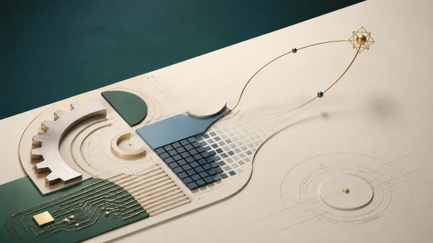 Abstract engineering drafting surface with circuit, mechanical and computer motifs converging on an orbital arc