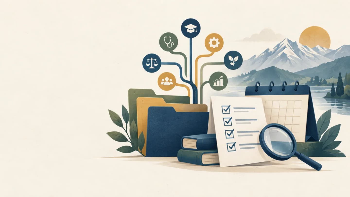 Editorial illustration of organized public-sector career pathways, recruitment documents and an application checklist against a generic Himalayan landscape