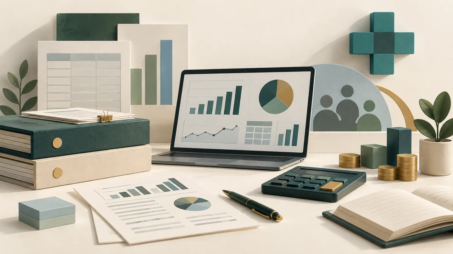 Editorial illustration of a finance and public-health data analysis workspace