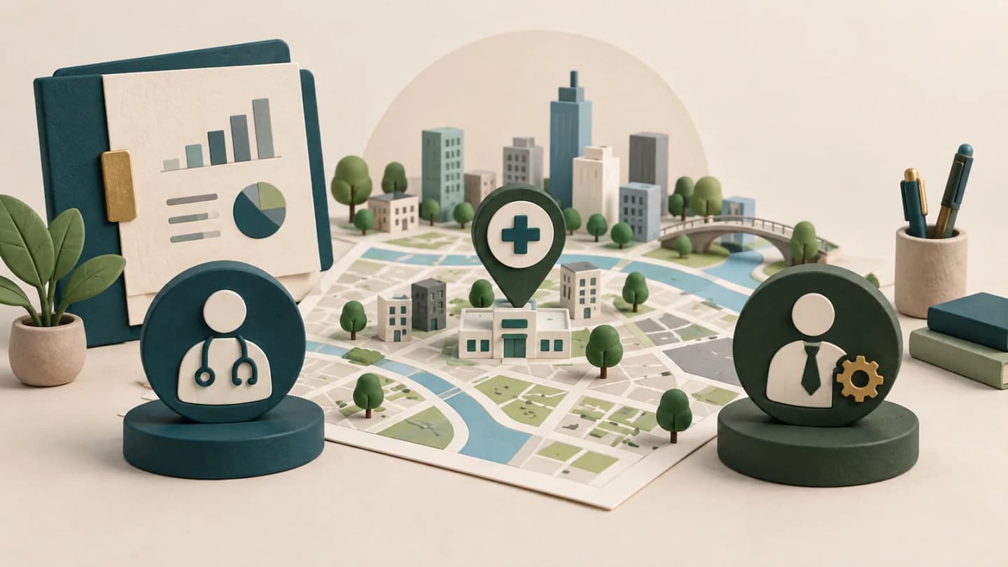 Editorial illustration of an urban health planning map with two consultant role markers