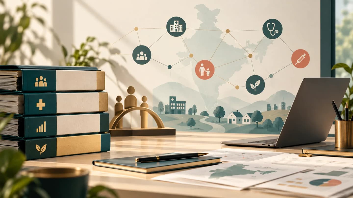 Editorial illustration of public-health systems planning, consultant work and connected care networks