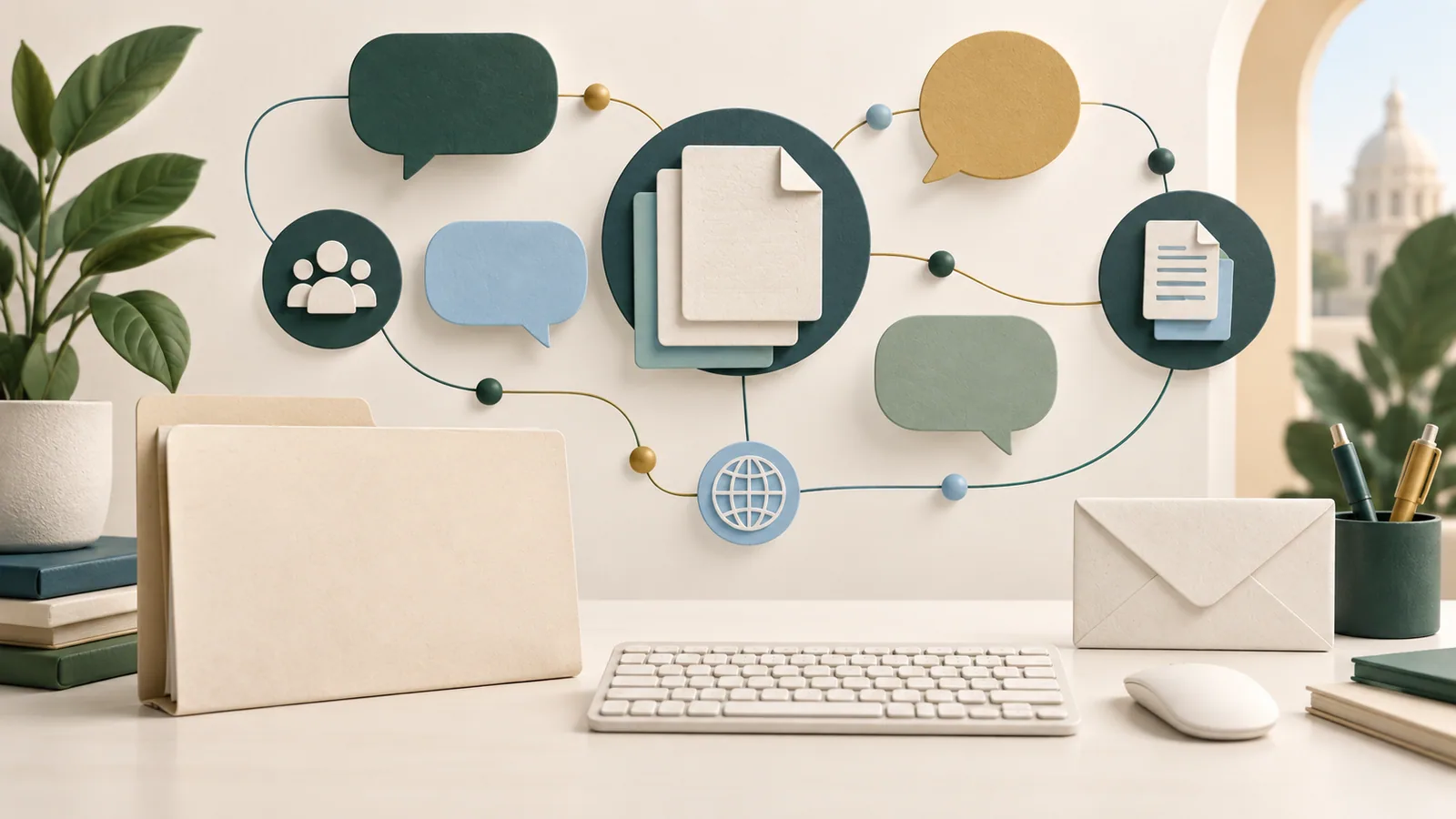 Editorial illustration of a blank application folder, keyboard and email envelope connected by abstract language and document nodes