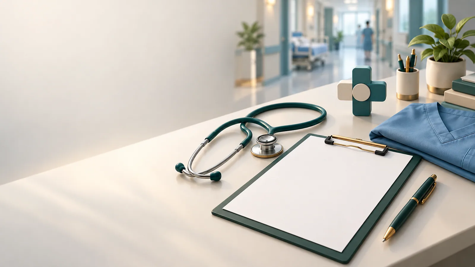 Editorial illustration of a stethoscope, blank application clipboard and nursing-care workspace