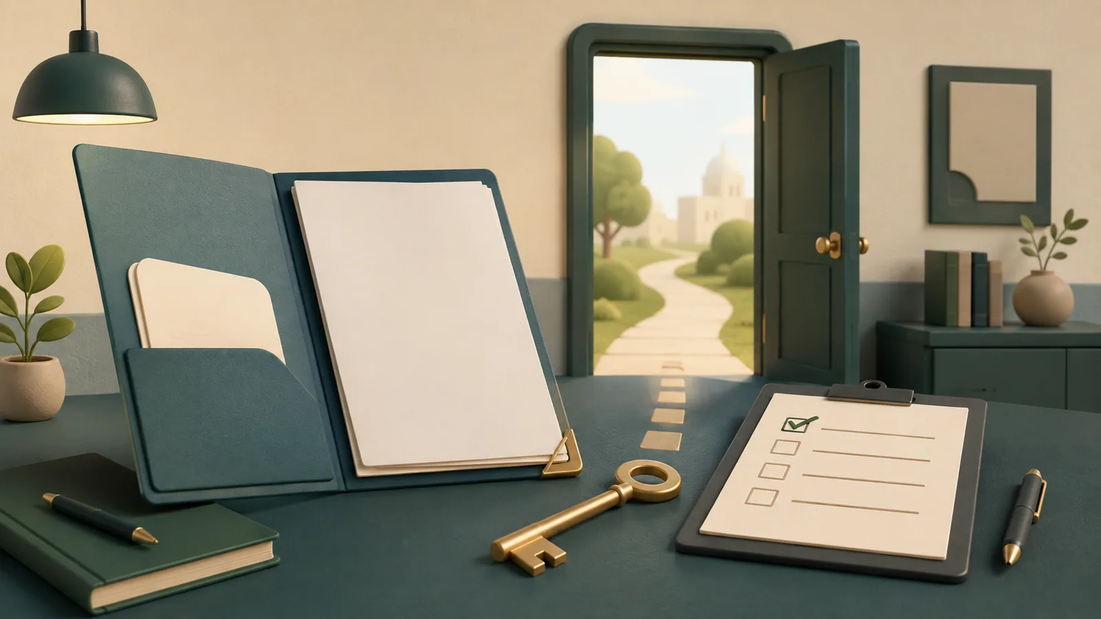 A text-free editorial illustration of an open civic doorway, document folder, checklist and key in teal, green, charcoal, off-white and muted gold