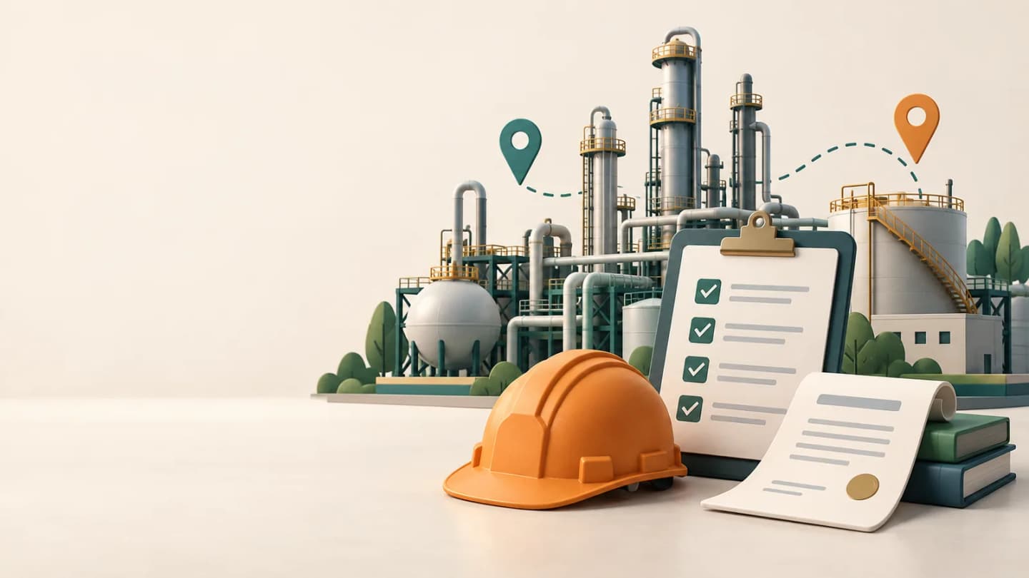 Editorial illustration of an industrial apprenticeship application checklist beside a chemical plant