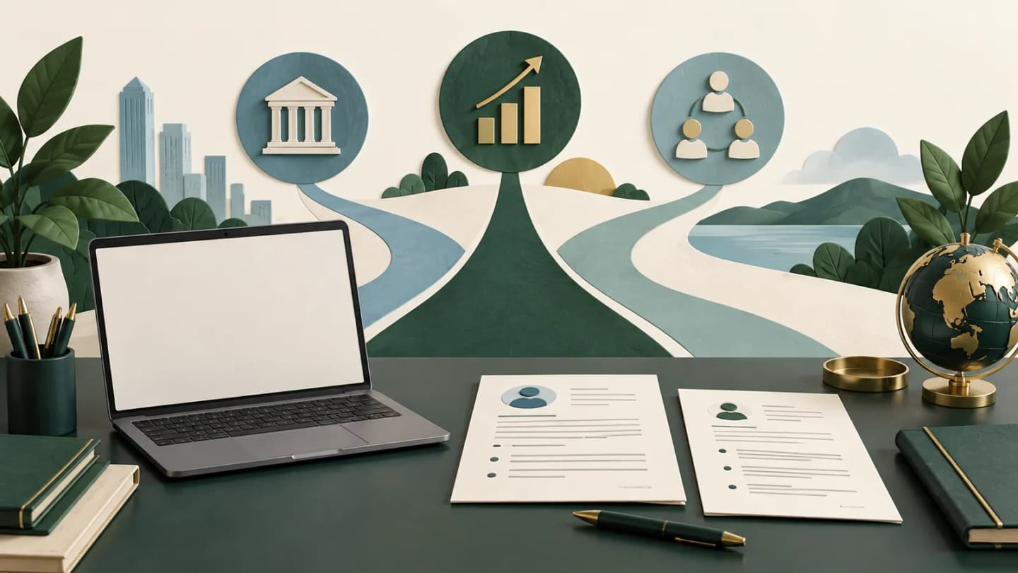 A stylized editorial desk with blank career documents, a laptop and three abstract career paths representing experienced banking recruitment choices