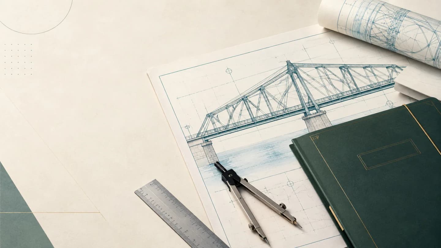 Engineering drafting desk with a bridge blueprint, compass and a closed application folder