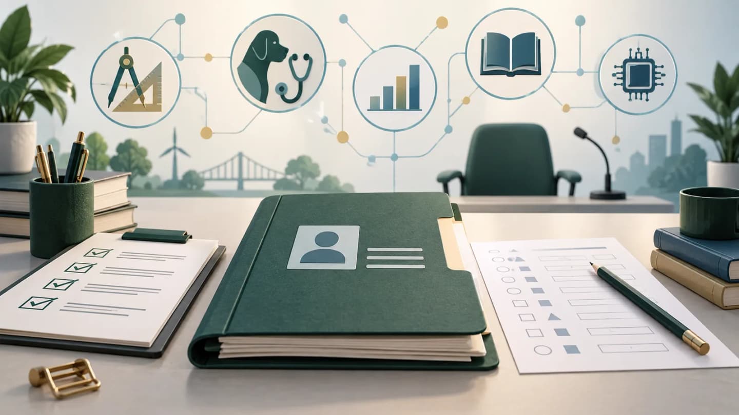 Stylized editorial desk with a recruitment dossier, examination checklist, interview setting and connected technical-career symbols