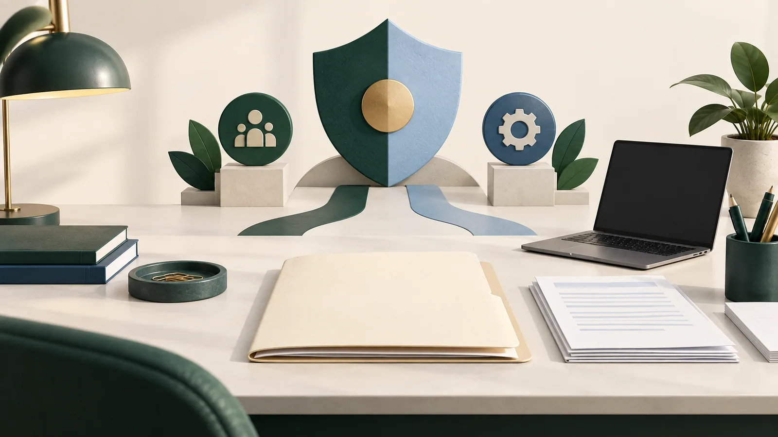Minimal illustration of a blank application folder, abstract shield and laptop on a desk
