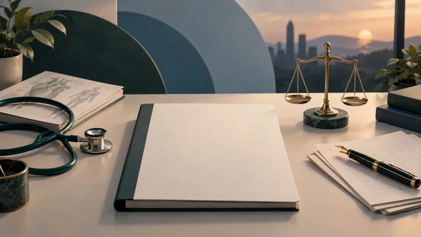 Minimal editorial illustration of a blank application dossier with medical, writing and law-work cues on a softly lit desk