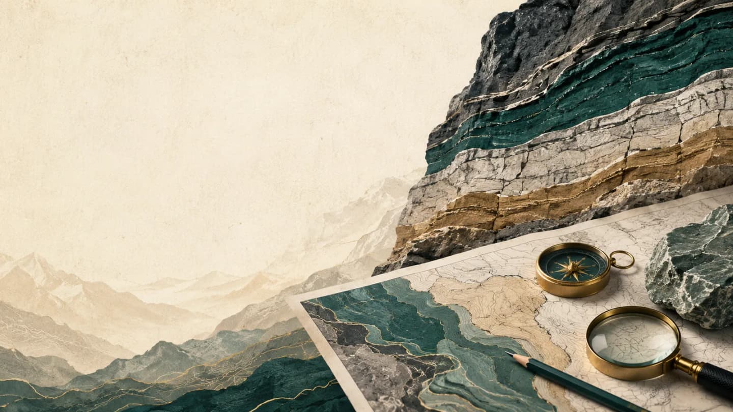 Text-free editorial illustration of geological strata, a field map, compass, hand lens and pencil in teal, forest green, charcoal, warm off-white and muted gold