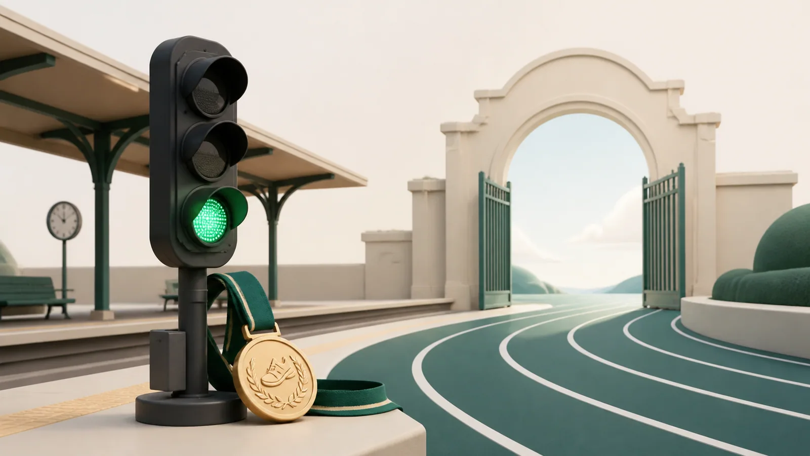 An editorial illustration of an open railway gateway, green signal, curved track lanes and a sports medal in teal, blue and muted gold